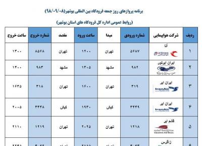 جدول پرواز های فرودگاه بوشهر در 8 آذر 98